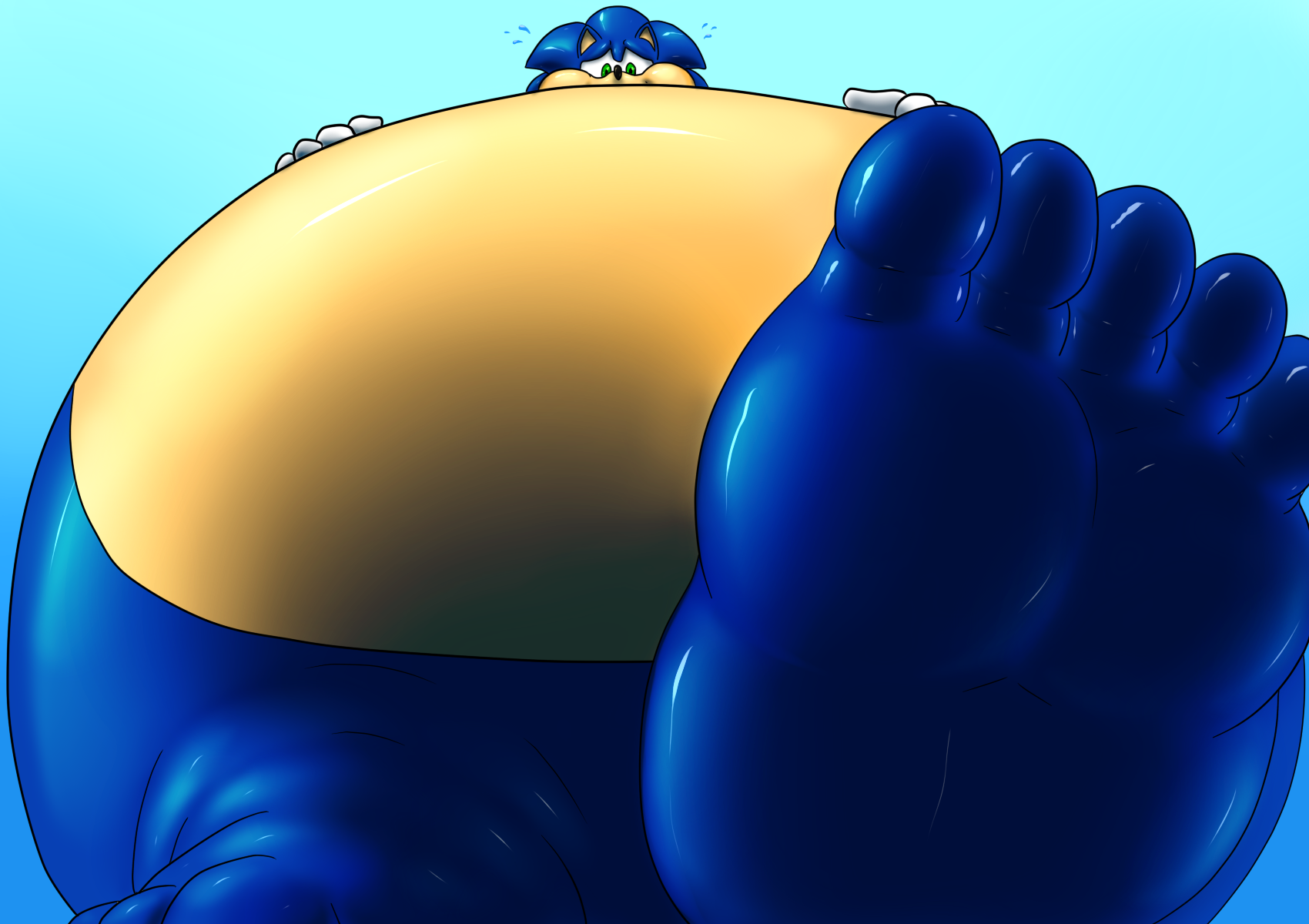 A very large blue hedgehog stepping on the camera